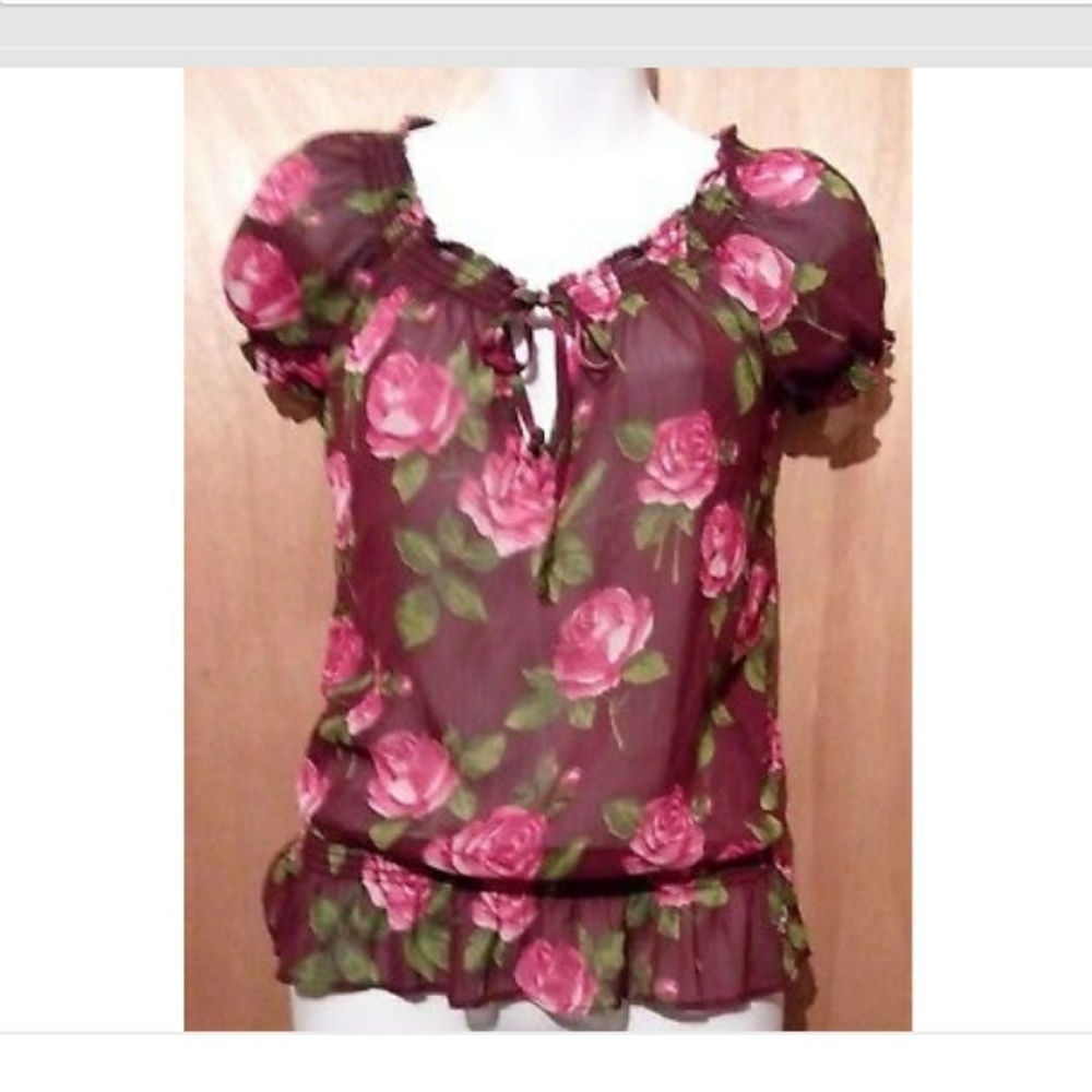 HOLLISTER Short Sleeve Floral Top Semi-Sheer